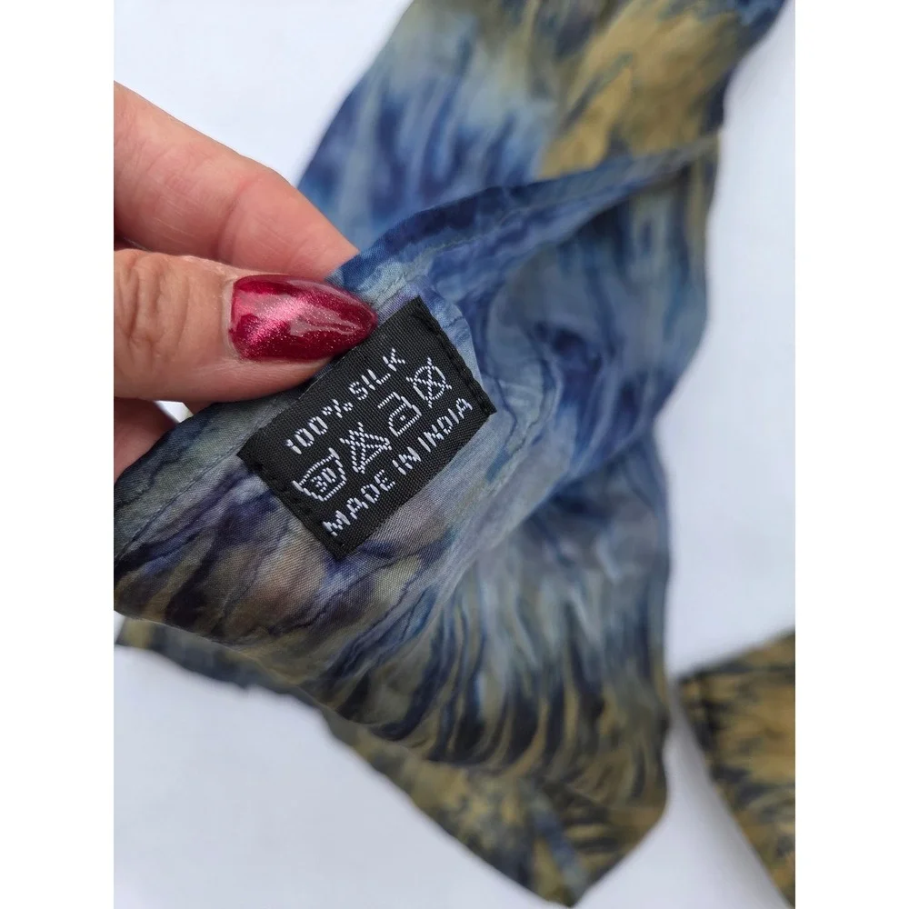 Blue Gold Abstract Tie Dye 100% Silk Scarf Long Sheer Made in India 21x72